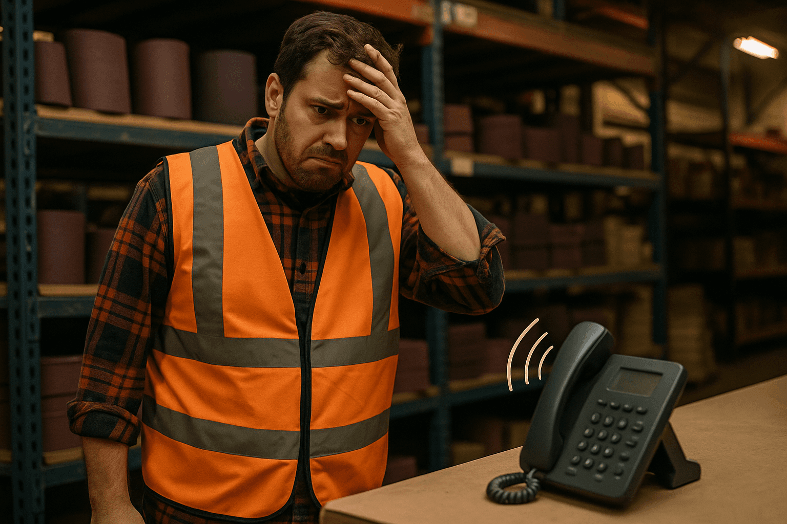 A concerned warehouse worker next to a ringing phone